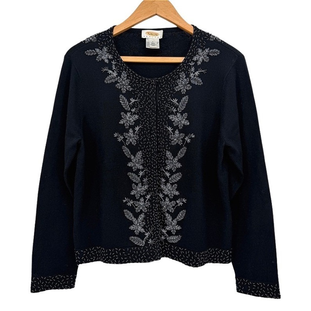 Talbots Cardigan Sweater Beaded Embellished Floral Black Silk Cashmere Blend LG*
